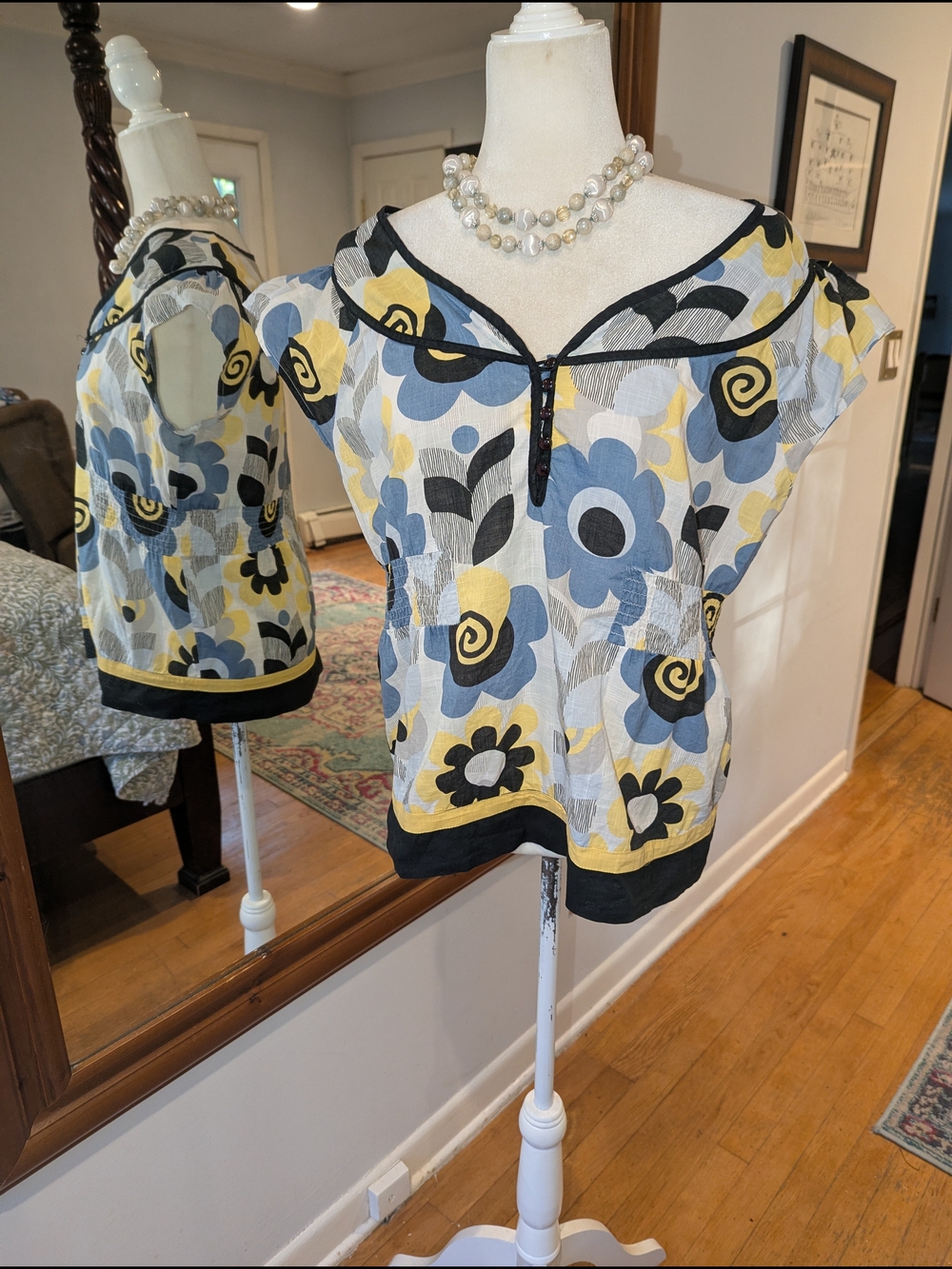 💯 Cotton Yellow, Blue & Black Floral Short-Sleeve Peasant Top